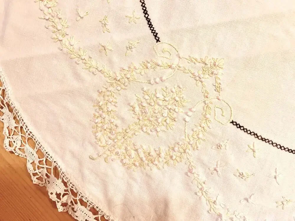Embroidered Crochet Round  small table cloth vintage handmade beige yellow pink